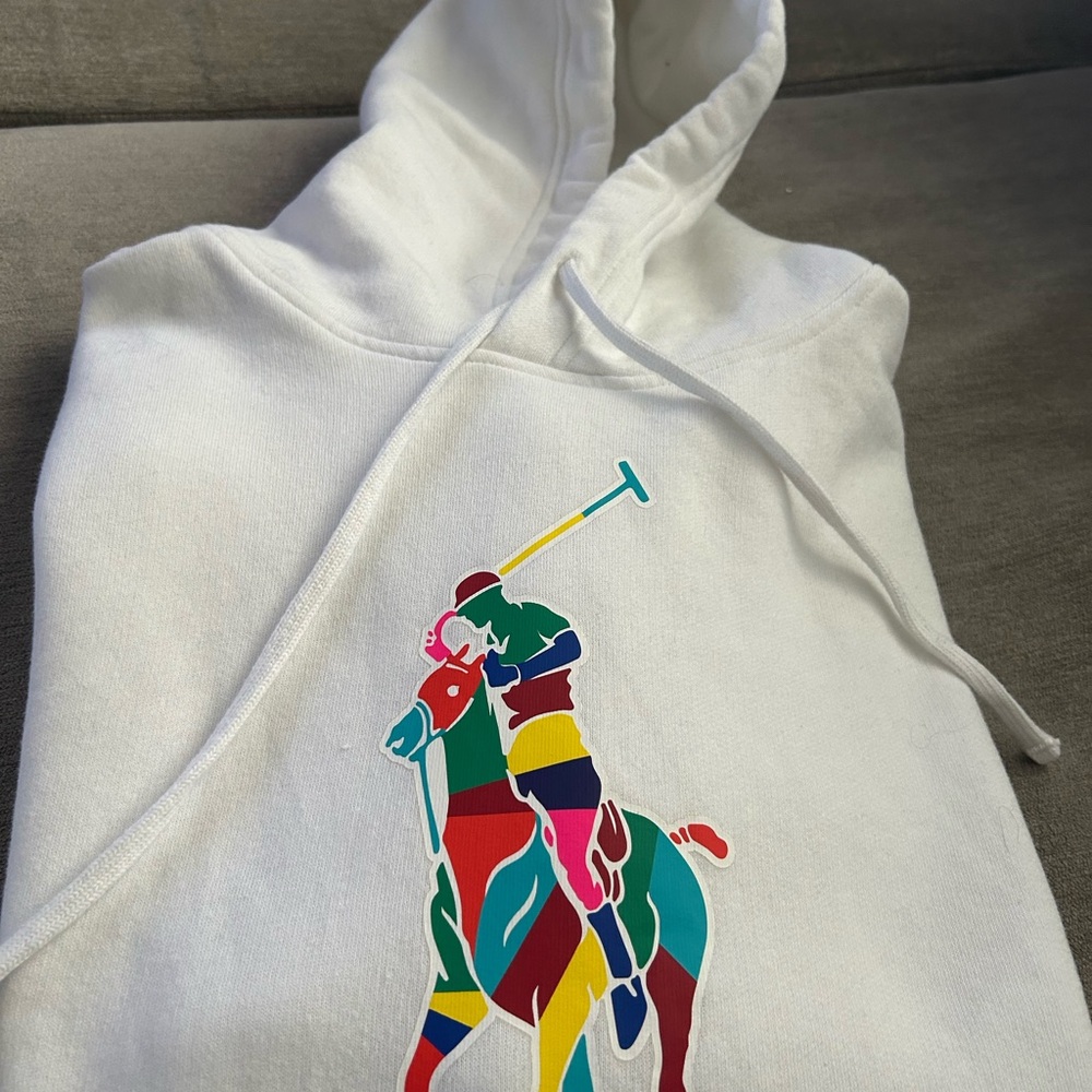 Ralph Lauren White Hoodie with Multicolor Polo Graphic